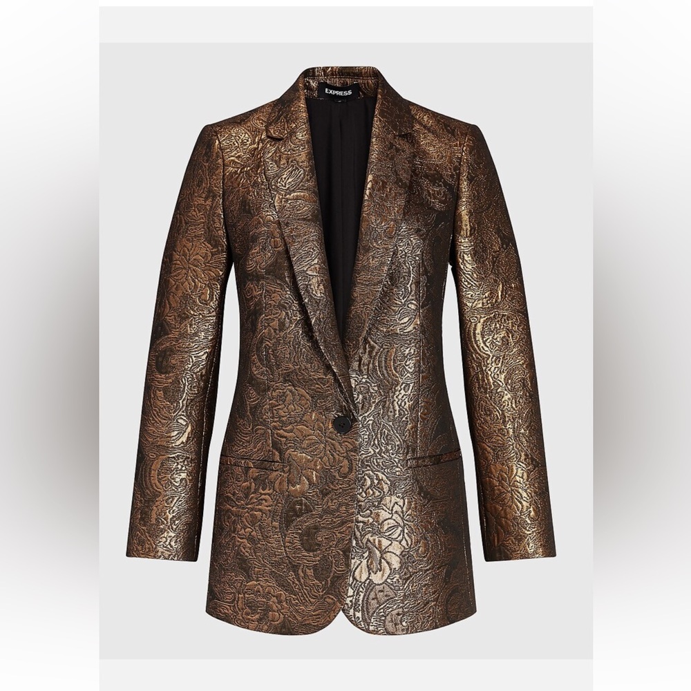 Express Elegant Black and Gold Jacquard Blazer.